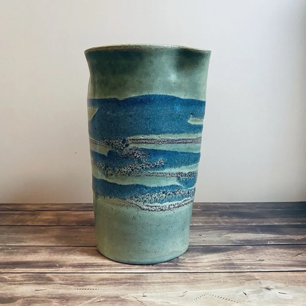 Vintage Handmade Stoneware Vase Or Pitcher With Seascape Design Patterns